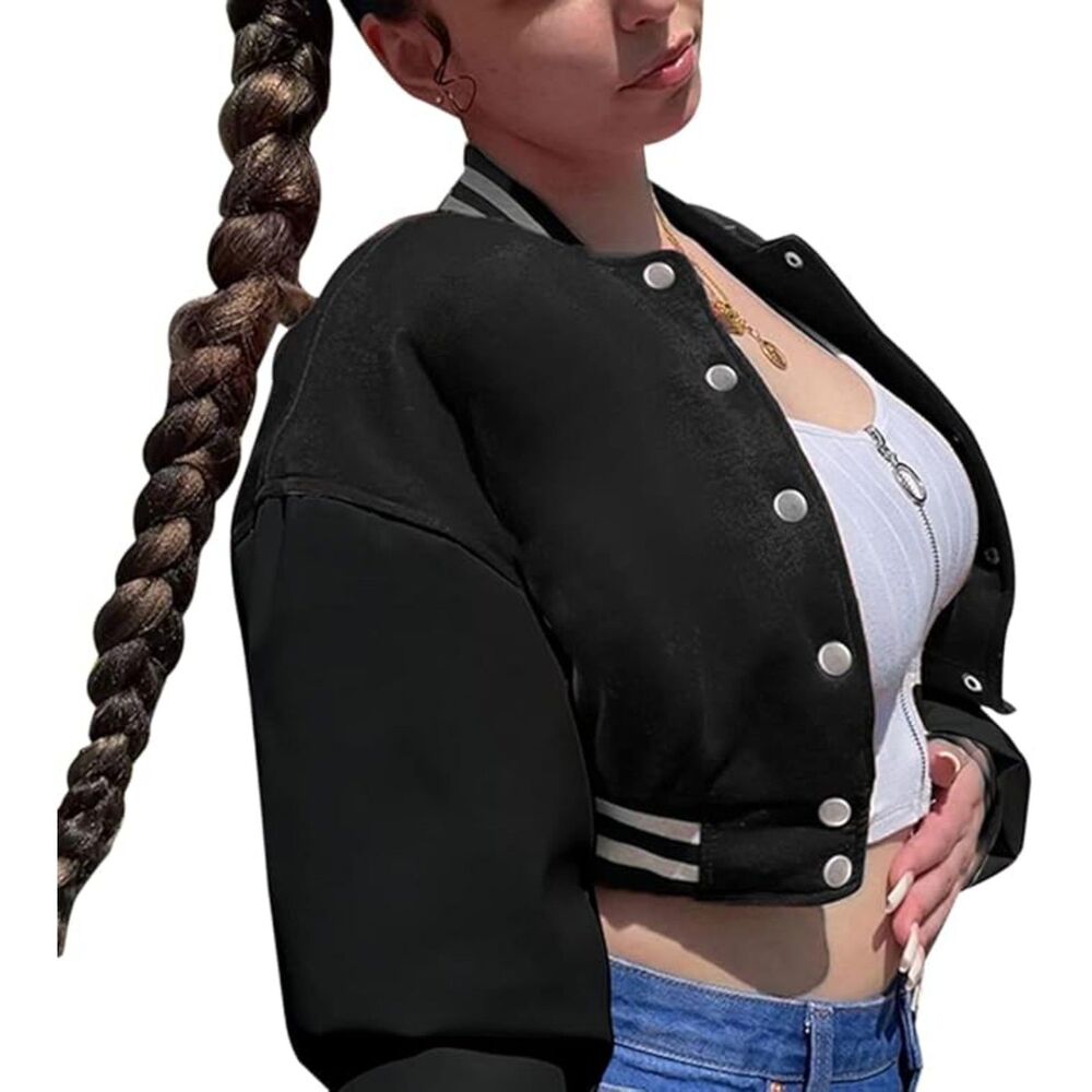Color block Crop Fleece Baseball Jacket, Medium,5C-196T005